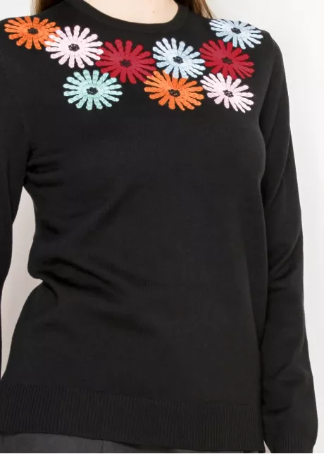 Black Sweater with Colorful Floral Embroidery