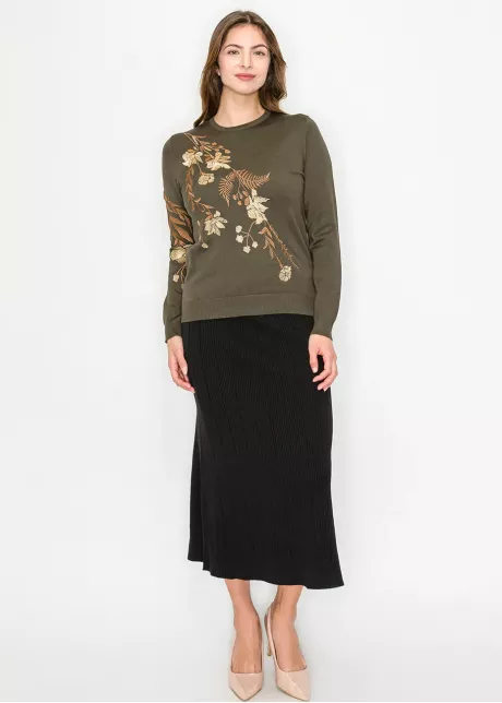 Olive Green Sweater with Floral Embroidery