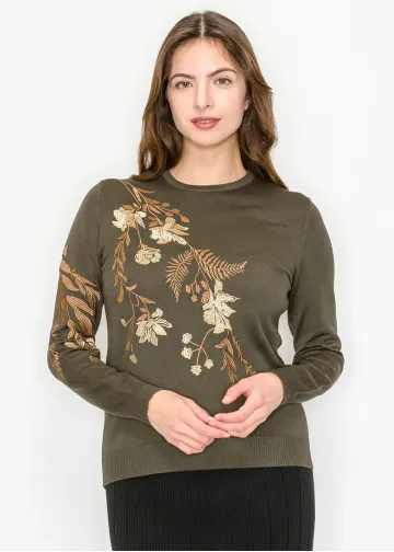 Olive Green Sweater with Floral Embroidery