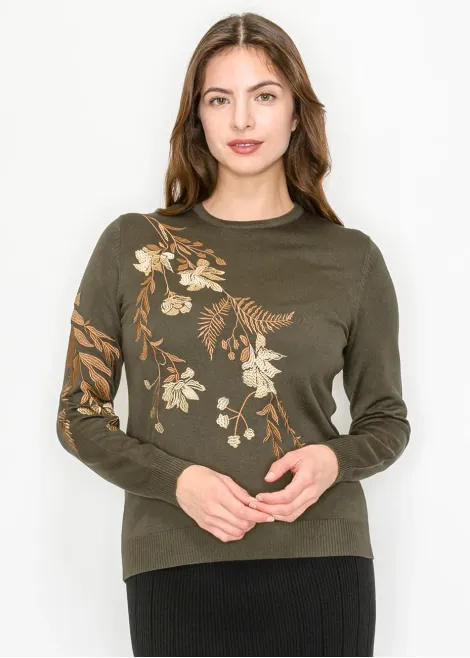 Olive Green Sweater with Floral Embroidery