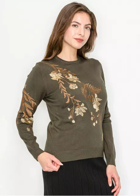 Olive Green Sweater with Floral Embroidery