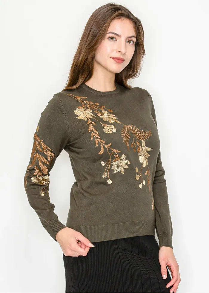Olive Green Sweater with Floral Embroidery