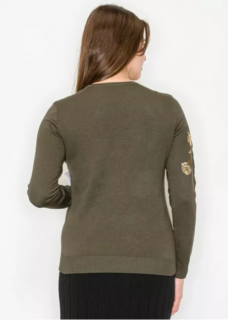 Olive Green Sweater with Floral Embroidery