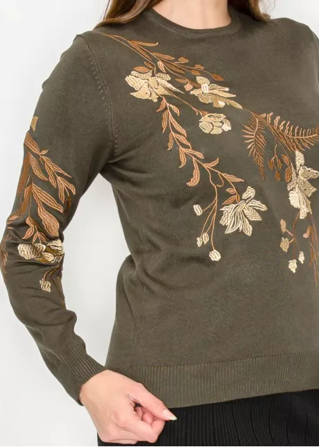 Olive Green Sweater with Floral Embroidery