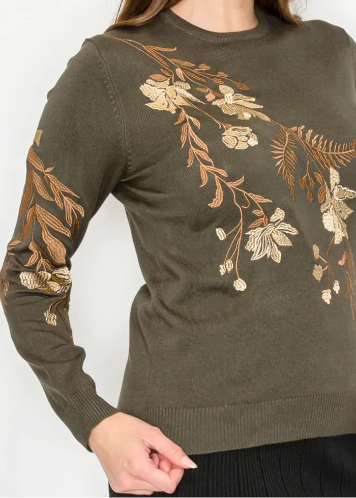 Olive Green Sweater with Floral Embroidery