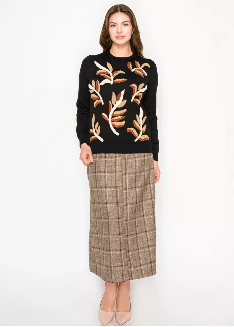 Black Knit Sweater with Leaf Detail
