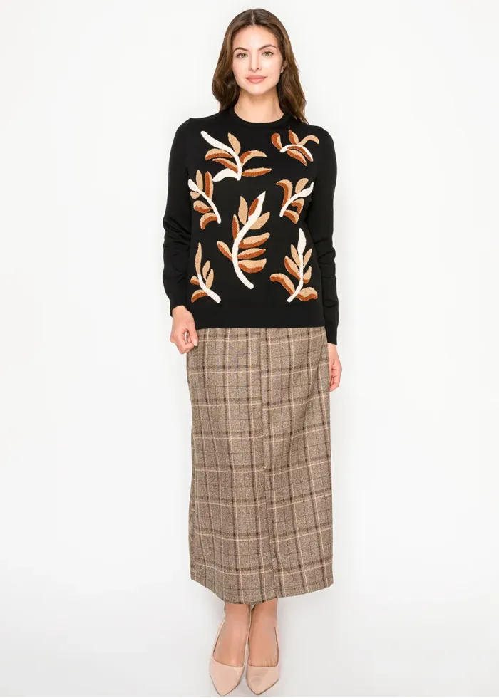 Black Knit Sweater with Leaf Detail