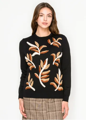 Black Knit Sweater with Leaf Detail