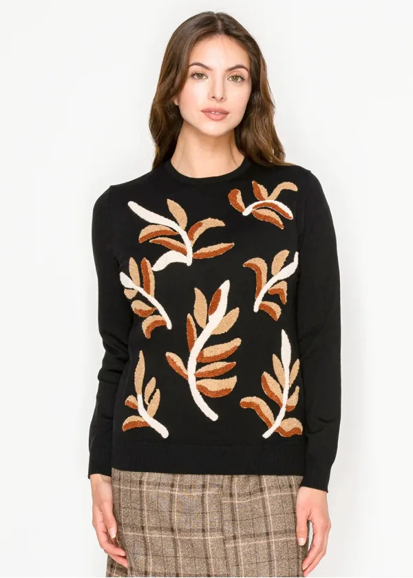 Black Knit Sweater with Leaf Detail