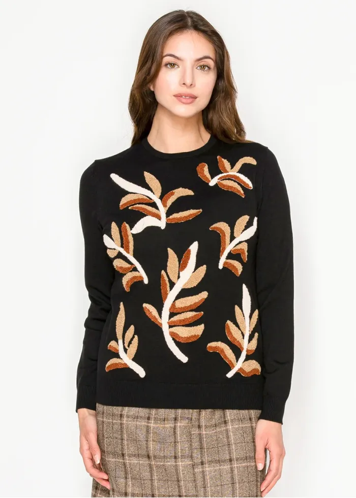 Black Knit Sweater with Leaf Detail
