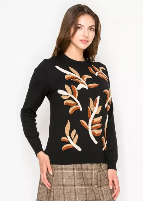 Black Knit Sweater with Leaf Detail