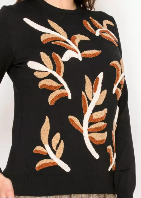 Black Knit Sweater with Leaf Detail