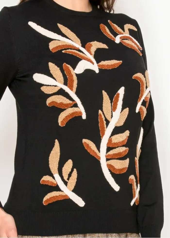 Black Knit Sweater with Leaf Detail