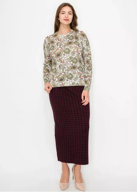 Olive and Cream Paisley Print Knit Sweater