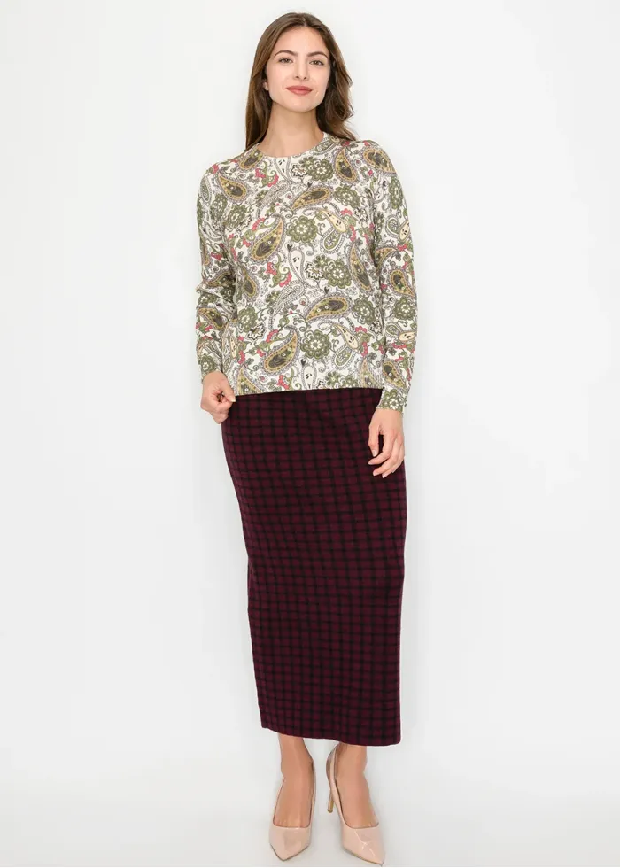 Olive and Cream Paisley Print Knit Sweater