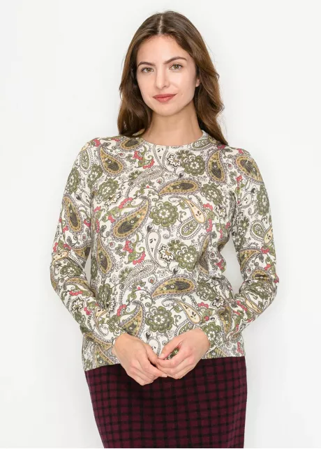 Olive and Cream Paisley Print Knit Sweater