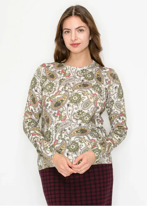 Olive and Cream Paisley Print Knit Sweater