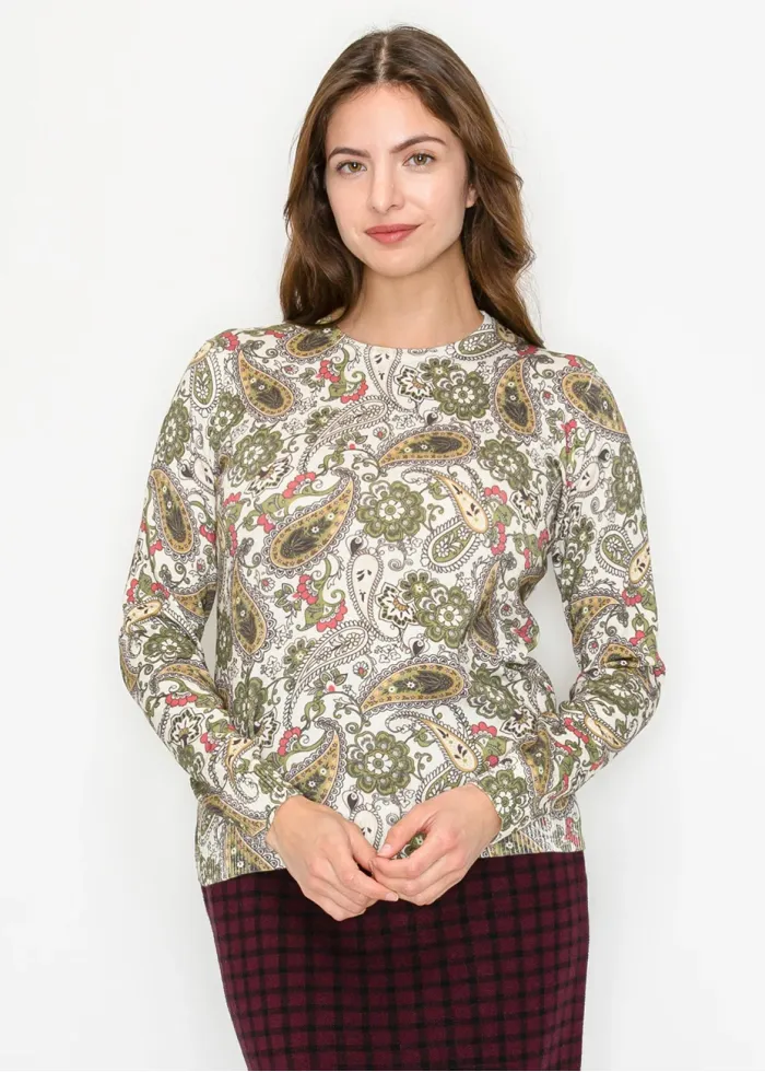 Olive and Cream Paisley Print Knit Sweater