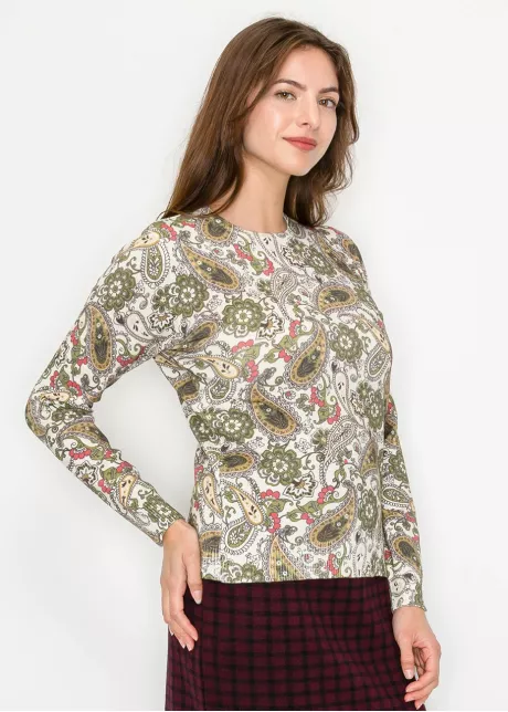 Olive and Cream Paisley Print Knit Sweater