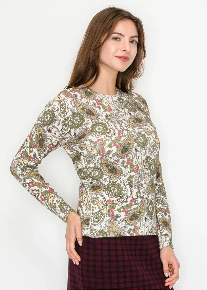 Olive and Cream Paisley Print Knit Sweater