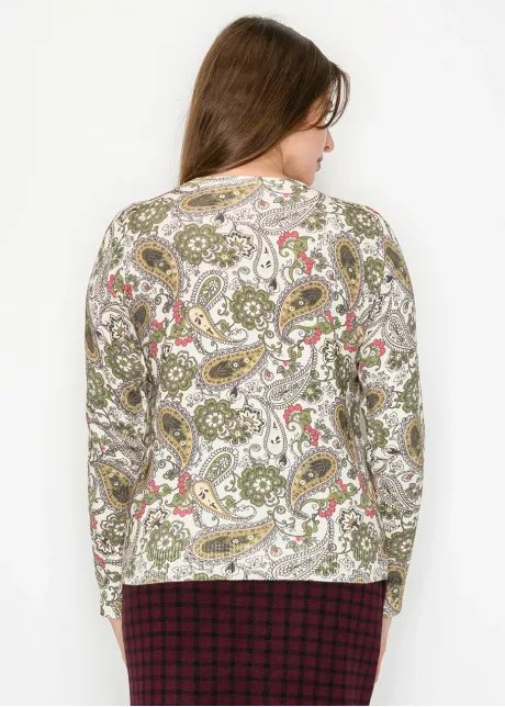 Olive and Cream Paisley Print Knit Sweater