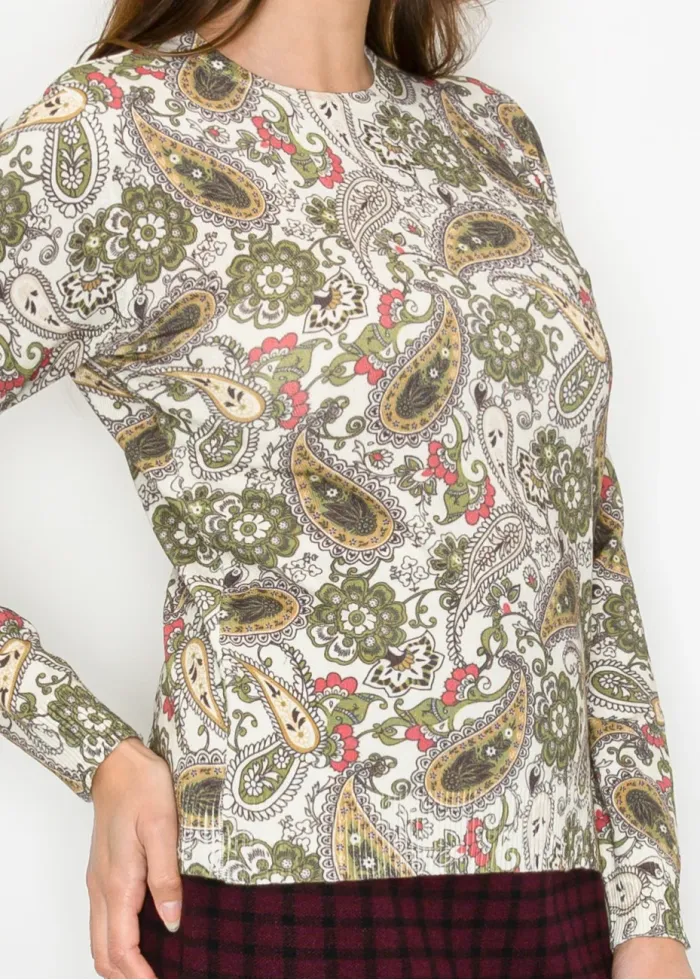 Olive and Cream Paisley Print Knit Sweater