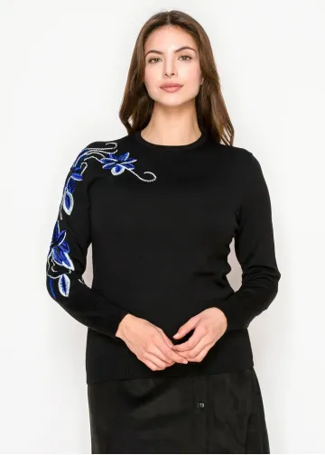 Black Sweater with Blue Sleeve Detail