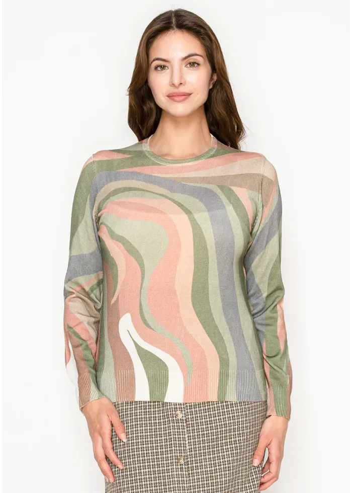 Olive Print Sweater with Swirl Design