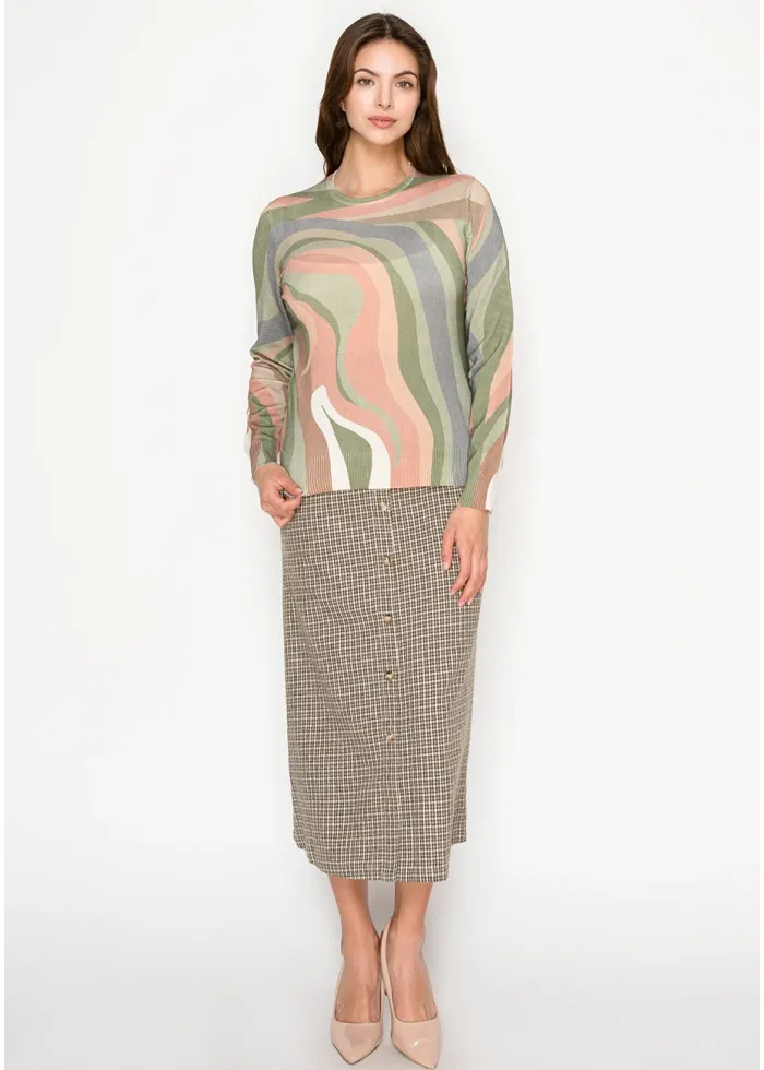 Olive Print Sweater with Swirl Design