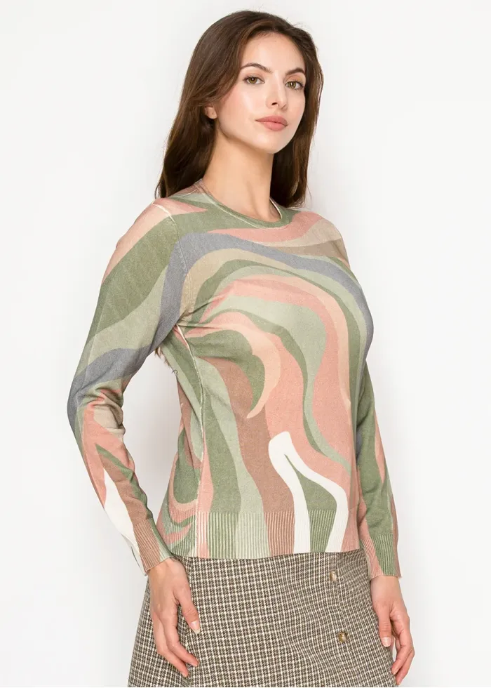 Olive Print Sweater with Swirl Design