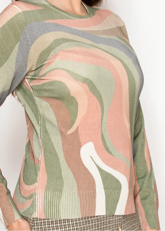 Olive Print Sweater with Swirl Design