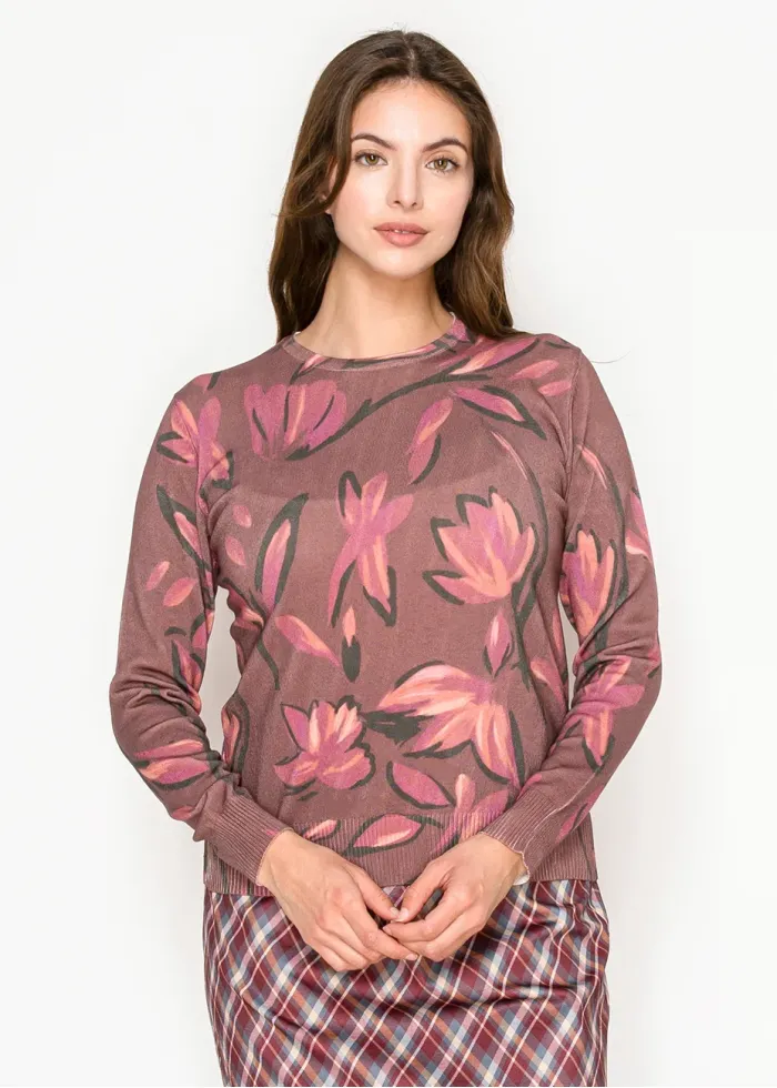 Burgundy Floral Print Lightweight Sweater