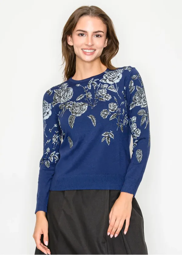 Blue Sweater with Silver Floral Pattern