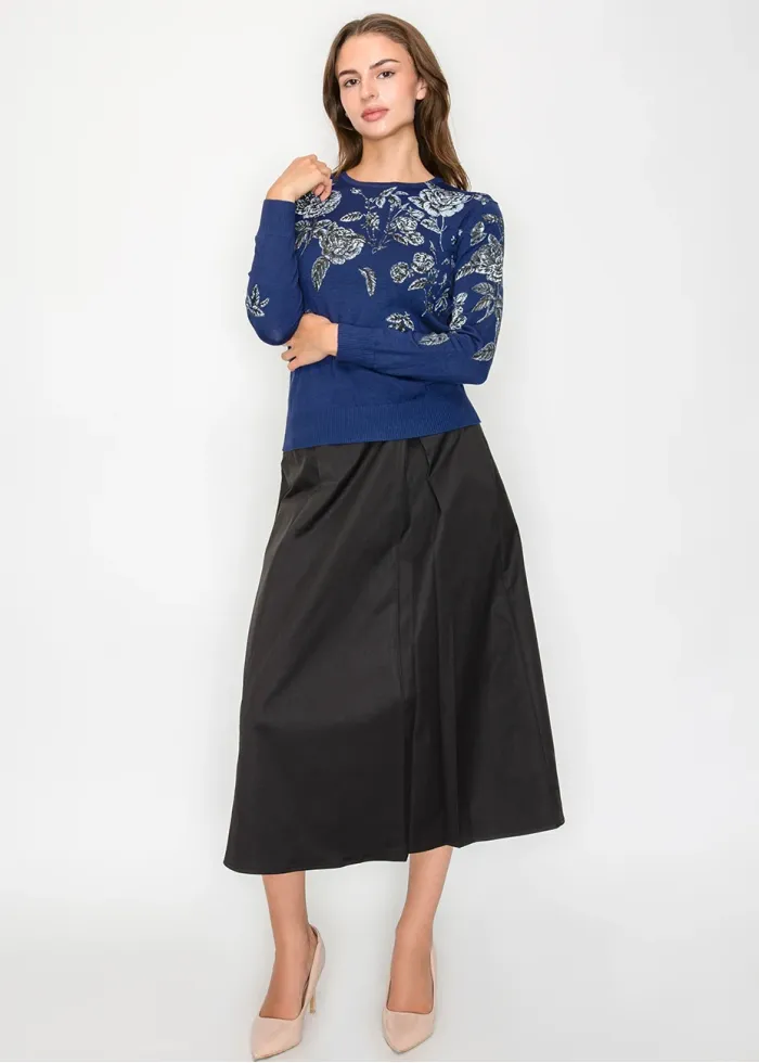 Blue Sweater with Silver Floral Pattern