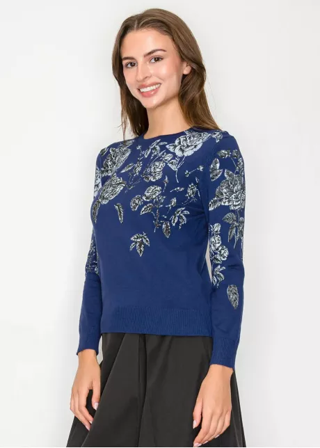 Blue Sweater with Silver Floral Pattern