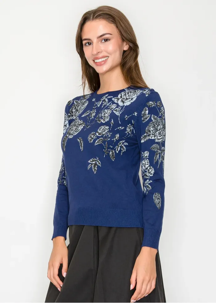 Blue Sweater with Silver Floral Pattern