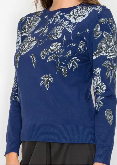 Blue Sweater with Silver Floral Pattern