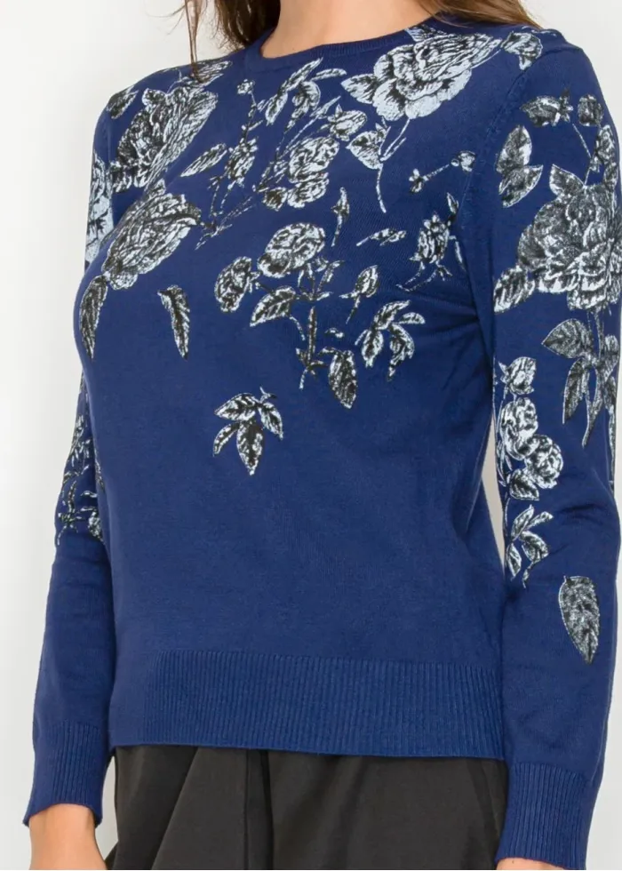 Blue Sweater with Silver Floral Pattern