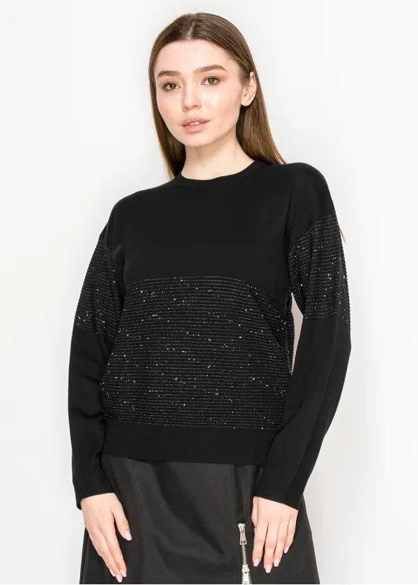 Black Knit Sweater with Sparkle Stripe Detail