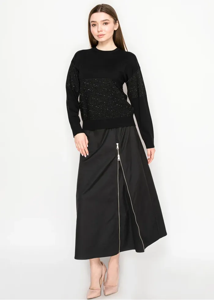 Black Knit Sweater with Sparkle Stripe Detail