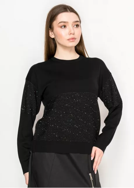 Black Knit Sweater with Sparkle Stripe Detail