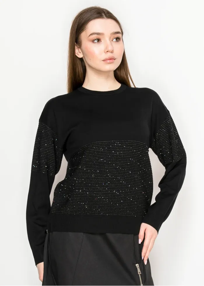 Black Knit Sweater with Sparkle Stripe Detail