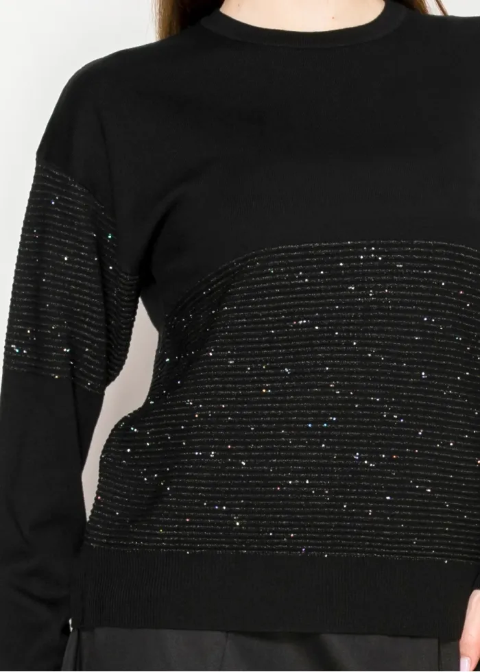 Black Knit Sweater with Sparkle Stripe Detail