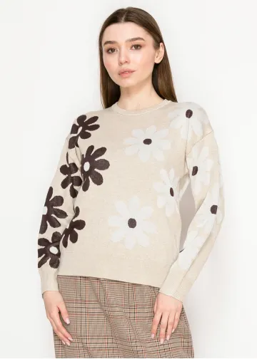Beige Floral Knit Crewneck Sweater