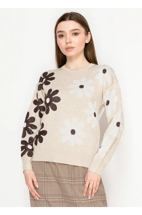 Beige Floral Knit Crewneck Sweater