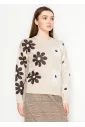 Beige Floral Knit Crewneck Sweater