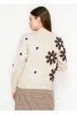Beige Floral Knit Crewneck Sweater