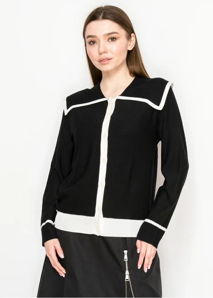 Black Cardigan with White Button Detail