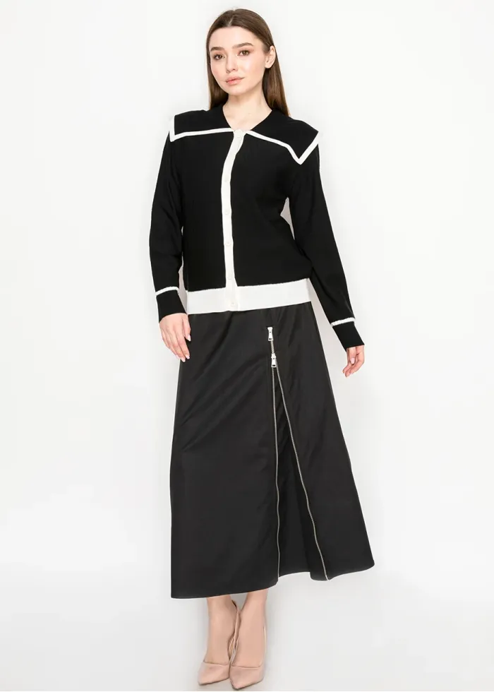 Black Cardigan with White Button Detail