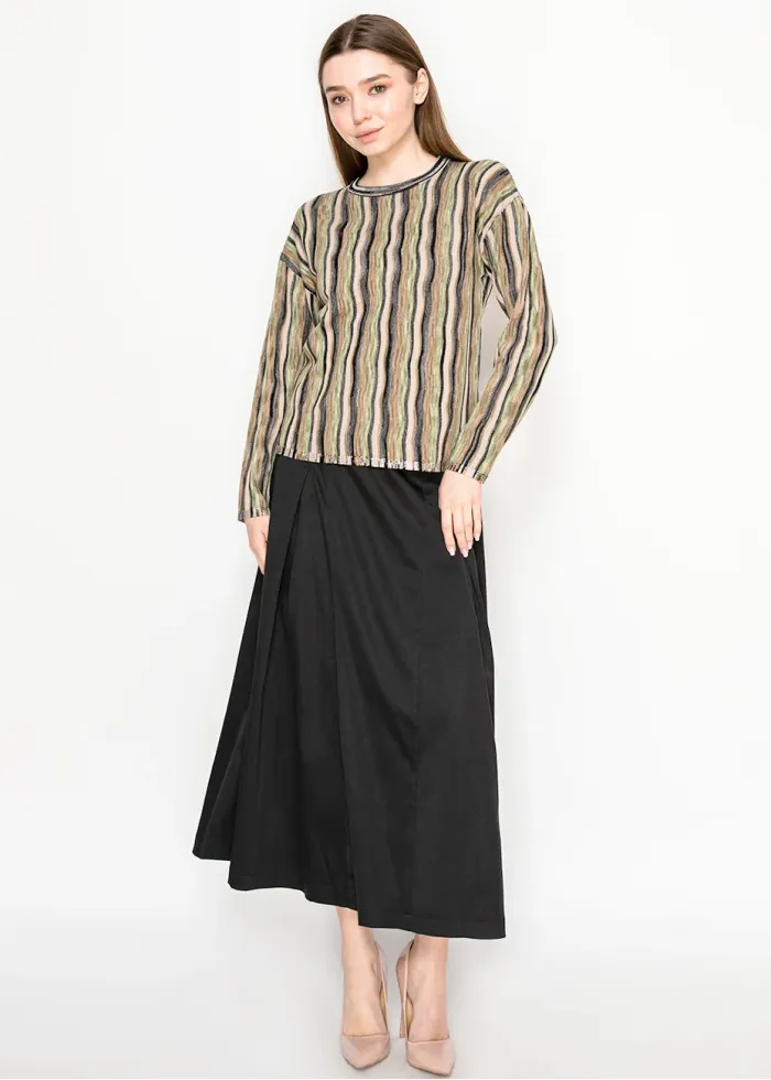 Multi-Stripe Olive Crewneck Knit Sweater